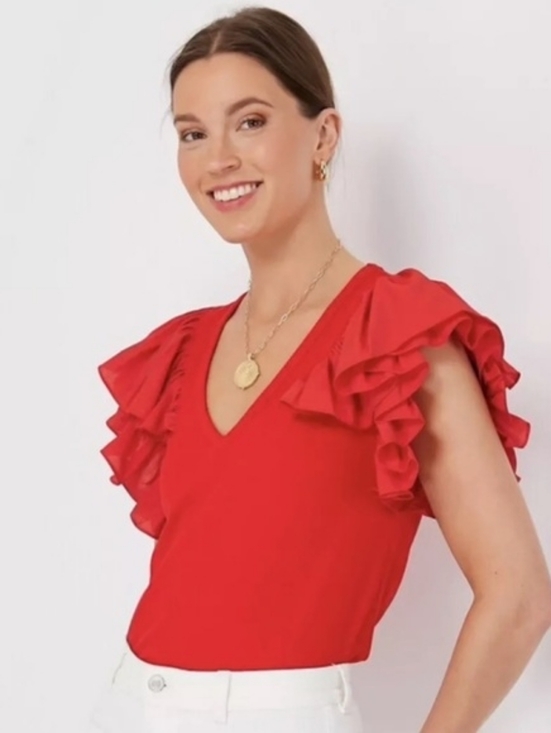 Pomander Place Tops - Tuckernuck Pomander Place Red Ruffle Sleeve Blouse Size L Lightweight Dressy Top